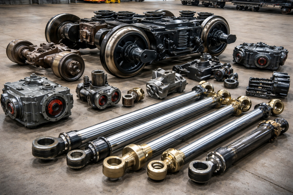 railroad car components, gearboxes, and hydraulic cylinder rods